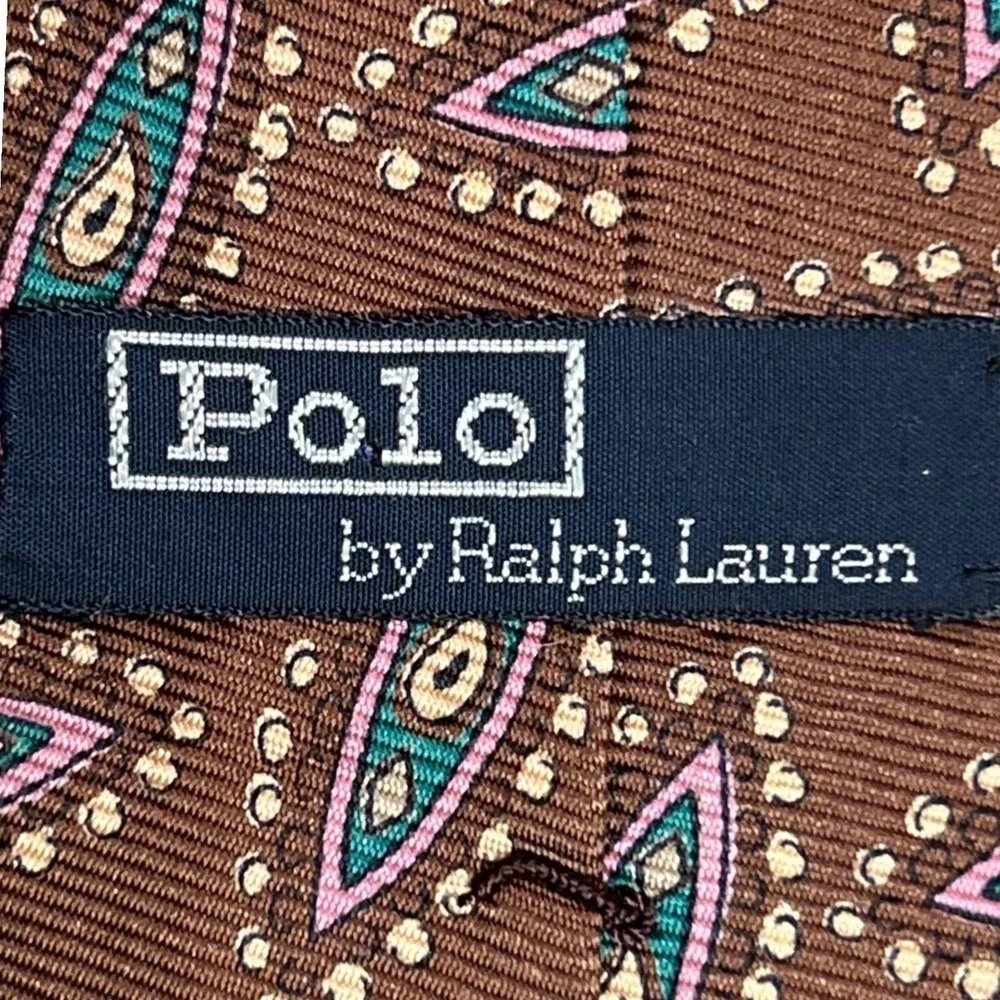 VTG Polo Ralph Lauren 100% Silk Necktie Hand Made in USA‎ Brown Pink Green 3.5